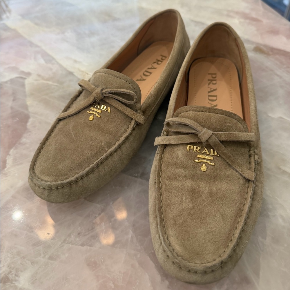 Prada Taupe Suede Men’s Loafers with Gold Logo